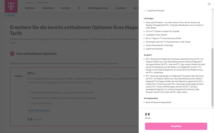 Bei der Deutschen Telekom gibt es keinen Hinweis dazu, dass das Abo RTL+ Premium Werbung zeigt - und zwar mitten in Filmen und Serien. (Bild: Deutsche Telekom/Screenshot: Golem)