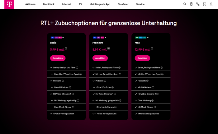 Nur auf einer schwer zu findenden Unterseite informiert die Deutsche Telekom darüber, dass RTL+ Premium "gelegentlich" Werbung zeigt. Dass damit Werbung mitten in Filmen und Serien gemeint ist, erfahren Kunden nicht. (Bild: Deutsche Telekom/Screenshot: Golem)