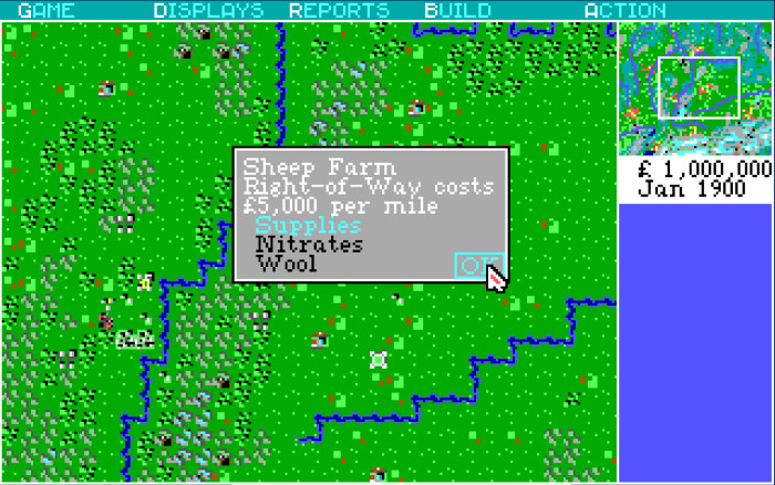 Im Grunde erstellt man in Railroad Tycoon nichts anderes als Warenketten. Während Passagiere beispielsweise gerne zwischen Großstädten hin und her fahren, muss man die Schaffarm mit Textilindustrien verbinden. (Bild: Microprose / Screenshot: Medienagentur Plassma)