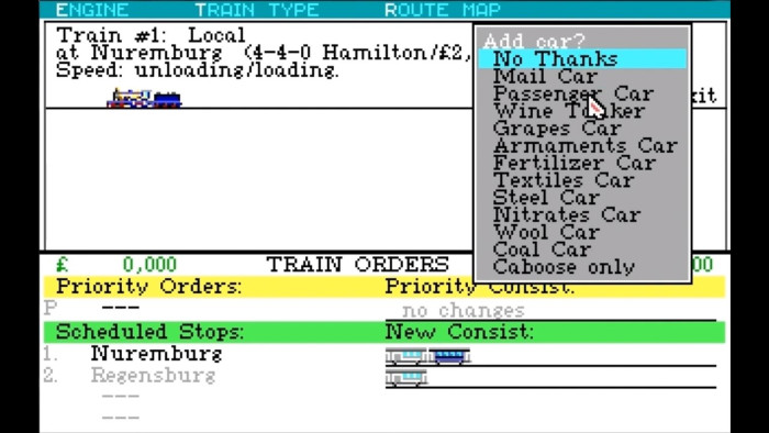 Züge lassen sich individualisieren. Durch das Festlegen der Waggons bestimmt man die Ladung. Zugleich kann man den Zügen auch neue Namen geben. Dadurch entsteht eine erstaunliche emotionale Bindung. (Bild: Microprose / Screenshot: Medienagentur Plassma)
