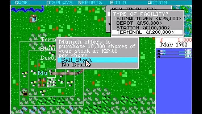 Neben der reinen Logistik verfügt Railroad Tycoon auch über ein solides Wirtschaftssystem. Erfolge wirken sich beispielsweise auf den Aktienkurs des Unternehmens aus. Der Verkauf von Aktien wiederum stellt eine Einnahmequelle dar. (Bild: Microprose / Screenshot: Medienagentur Plassma)