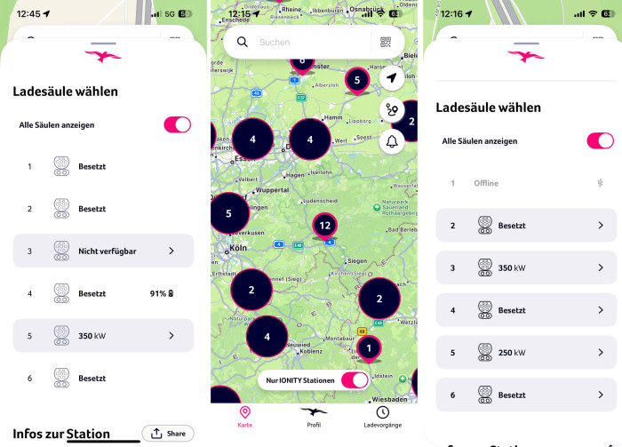 Ionity zeigt in seiner App nicht nur die Auslastung der Ladesäulen an einer Station, sondern gelegentlich auch den Ladezustand eines Fahrzeugs. (Screenshot: Dirk Kunde)
