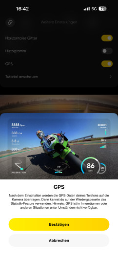 Die App von Insta360 bietet GPS vom Smartphone; bei DJI gibt's das nicht. (Bild: Insta360 / Screenshot: Golem)