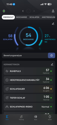Die Hauptseite der Zepp-App mit dem Biocharge-Wert. (Bild: Amazfit/Screenshot: Golem)