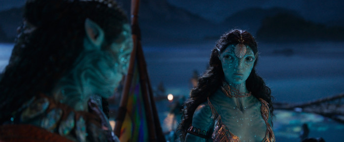 Na'vi tragen meist verzierte Kleidung, doch auch Muster und nachts leuchtende Punkte auf ihrer Haut wirken dekorativ. (Bild: 20th Century Studios)