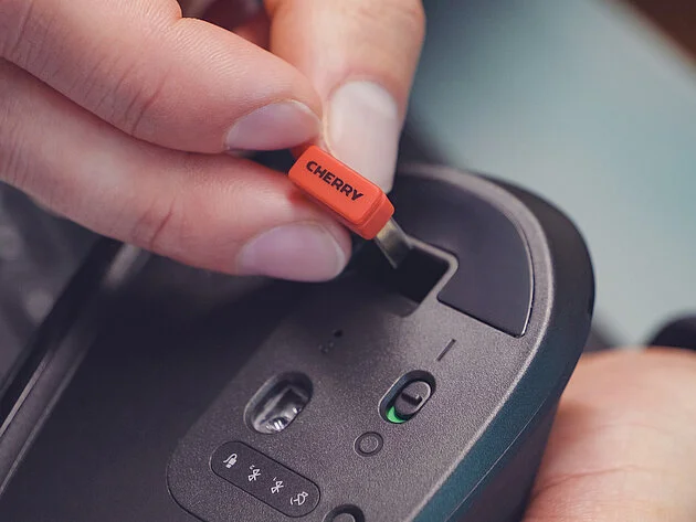 Die Stream Mouse Ultimate hat unten Platz für den USB-Dongle. (Bild: Cherry)