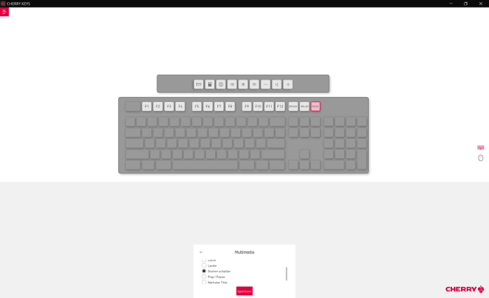 Mit der Windows-Software Cherry Keys können wir eine Mikrofonstummschaltung auf eine der Tasten legen. (Bild: Cherry/Screenshot: Golem)