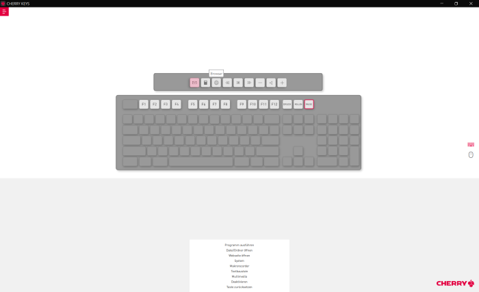 In der Keys-Software lassen sich neun Sondertasten belegen, auf der  Tastatur gibt es aber nur acht Sondertasten. (Bild: Cherry/Screenshot: Golem)