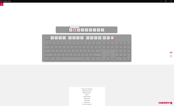 Die Beschriftung der Sondertasten in der Keys-Software hat nichts mit der realen Tastenbelegung zu tun. (Bild: Cherry/Screenshot: Golem)
