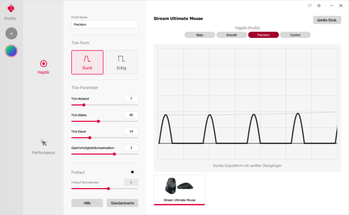 Keines der vier Mausradprofile lässt sich abschalten. (Bild: Cherry/Screenshot: Golem)