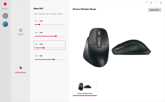 Die Sensorgeschwindigkeit der Maus lässt sich in der Utililty-Software anpassen. (Bild: Cherry/Screenshot: Golem)
