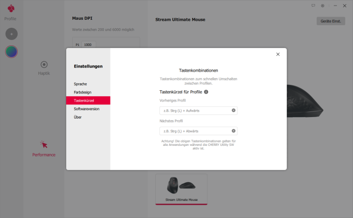 Statt eines Tastenkürzels zum Wechsel der Mausradmodi wäre es praktischer, direkt zwischen zwei Modi wechseln zu können. (Bild: Cherry/Screenshot: Golem)