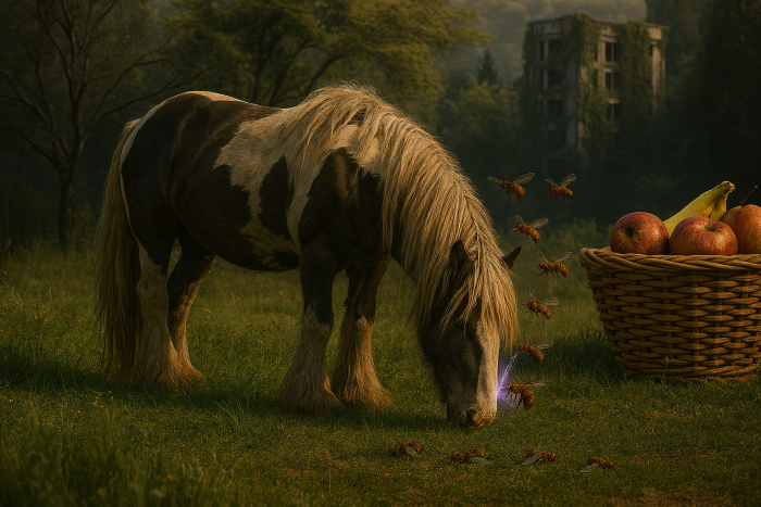 Das Pferd sieht gut aus, das Gebäude im Hintergrund auch. Die Fruchtfliegen und der Obstkorb, ähm - nicht ganz passend; die sind von der vorherigen Anfrage noch übrig geblieben. (Bild: Andrea Maurer)