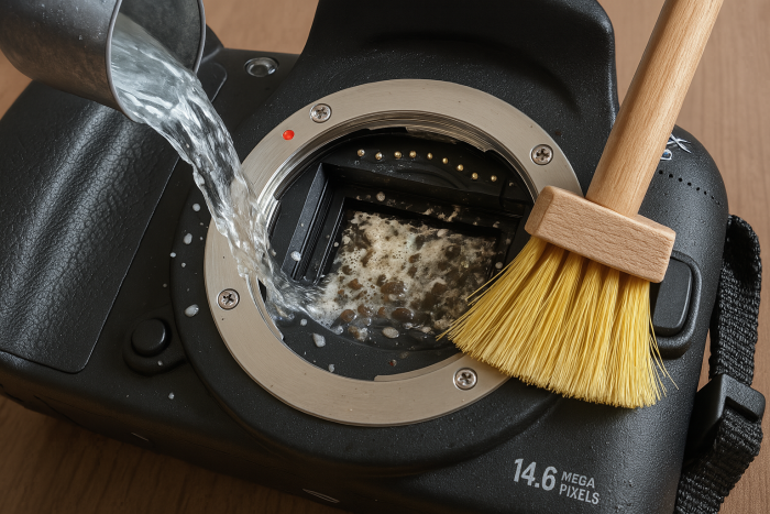 Der Sensor meiner Samsung NX 10 ist dreckig und wird mit einem Eimer Wasser und einer Bürste gereinigt - zum Glück nur in der KI. (Bild: Andrea Maurer)