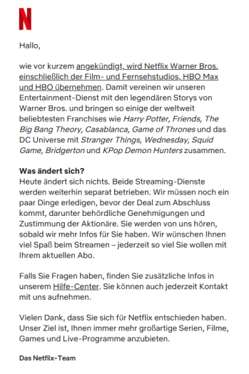 Netflix informiert Abonnenten bereits, was die Warner-Übernahme derzeit bedeutet. (Bild: Netflix/Screenshot: Golem)