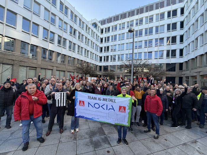 Proteste bei Nokia München am 10.12.2025 während der Arbeitszeit (Bild: IG Metall München) 