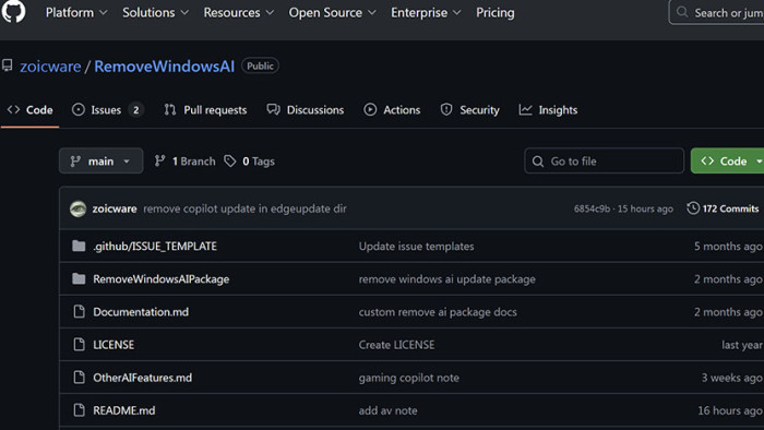 Auf Github stellt der Entwickler RemovewindowsAI samt Oberfläche und Quellcode bereit. (Bild: Github/Sceenshot: Nils Matthiesen/Golem)