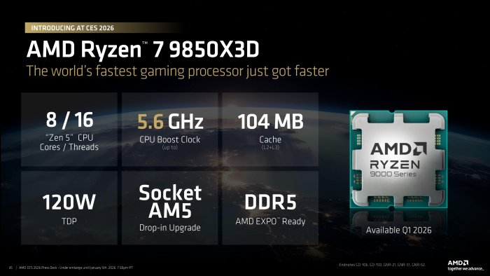 Der Ryzen 7 9850X3D darf etwas höher takten, die TDP bleibt unverändert. (Bild: AMD)