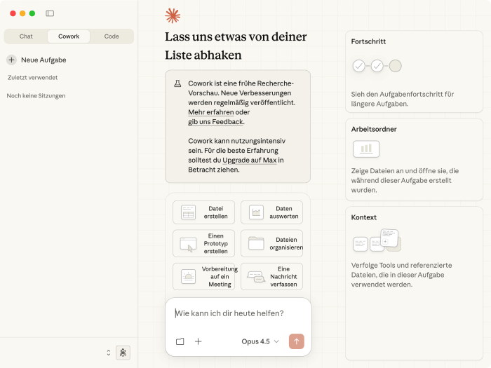 Startseite von Claude Cowork (Bild: Golem.de)
