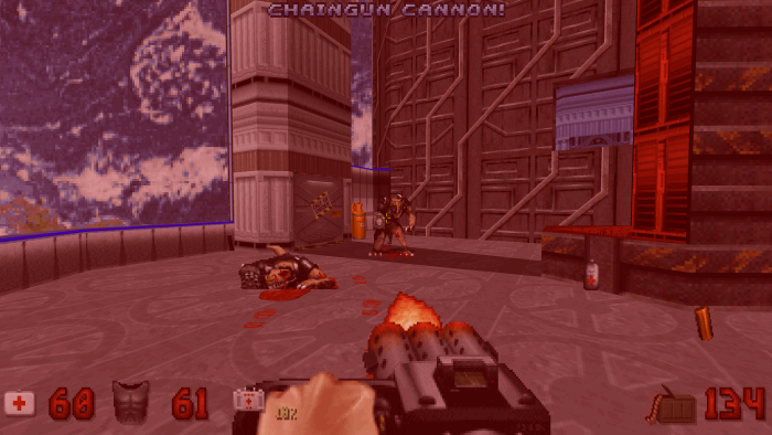 Die Gefechte sind schnell und direkt, das Trefferfeedback dank Blutspritzern deutlich. Ein Detail am Rande fällt besonders auf: Läuft der Duke über besiegte Gegner, hinterlässt er blutige Fußabdrücke. (Bild: 3D Realms / Screenshot: Medienagentur Plassma) (Bild: 3D Realms / Screenshot: Medienagentur Plassma)