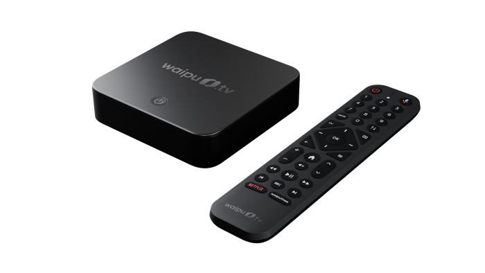 Die Waipu TV Box mit Fernbedienung (Bild: Exaring)
