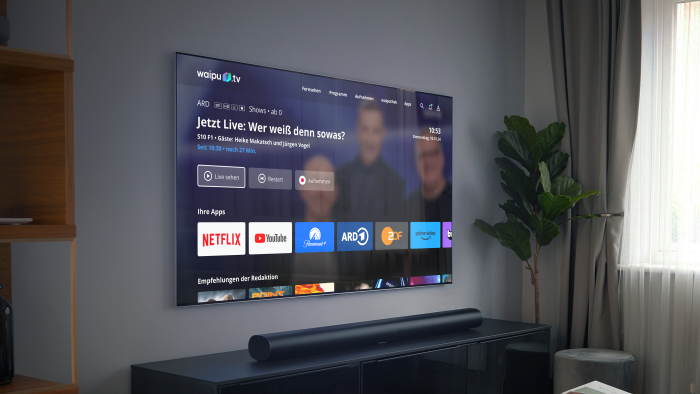 Das ist der Startbildschirm der Waipu-TV-Geräte, alle Streaming-Apps sind gut erreichbar. (Bild: Exaring)