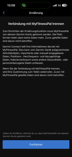 Um die neue Ernährungsfunktion zu verwenden, muss eine bestehende Verbindung etwa zu Myfitnesspal gekappt werden. (Bild: Garmin/Screenshot: Golem)
