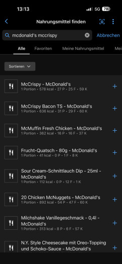 Den Burger hat die App gleich gefunden, bei anderen Lebensmitteln ist ein bisschen Suche nötig. (Bild: Garmin/Screenshot: Golem)