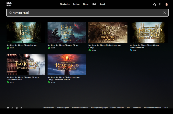 Bei Herr der Ringe gibt es ein gut sortiertes Suchergebnis in HBO Max. (Bild: Warner/Screenshot: Golem)