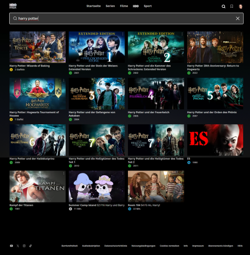 Eine Suche nach Harry Potter liefert ein überwiegend chronologisch sortiertes Ergebnis. (Bild: Warner/Screenshot: Golem)