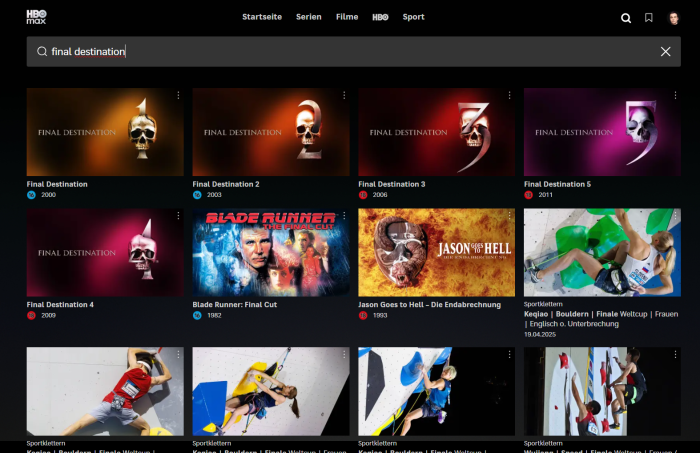 Bei Final Destination fehlt der aktuelle Film bei HBO Max und das Suchergebnis ist nicht korrekt sortiert. (Bild: Warner/Screenshot: Golem)
