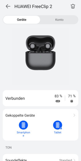 Die App der Freeclip 2 zeigt auch den Ladestand des Ladeetuis sehr genau an. (Bild: Huawei/Screenshot: Golem)