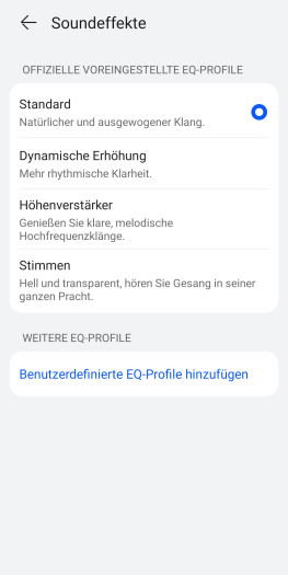 Für die Anpassung des Klangs der Freeclip 2 gibt es diese Voreinstellungen. (Bild: Huawei/Screenshot: Golem)