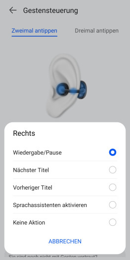 Diese Geste der Freeclip 2 lässt sich vergleichsweise umfangreich anpassen. (Bild: Huawei/Screenshot: Golem)