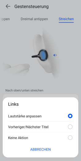 Die Gesten der Freeclip 2 lassen sich nur sehr eingeschränkt anpassen. (Bild: Huawei/Screenshot: Golem)