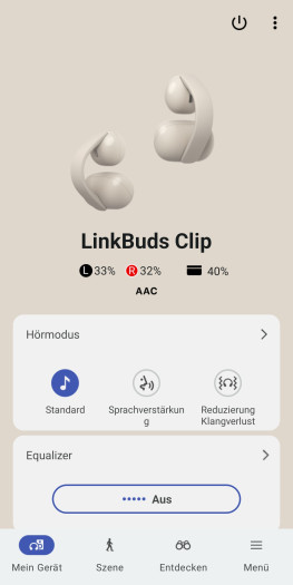 Die Sony-App zeigt den Ladestand der Link Buds Clip einstellig an, für das Ladeetui gibt es die Info nur zweistellig. (Bild: Sony/Screenshot: Golem)
