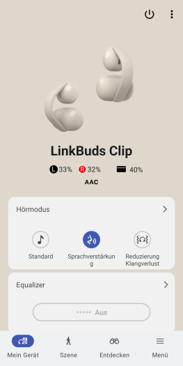 Dieser Hörmodus der Link Buds Clip eignet sich nur für Hörbücher und Podcasts - bei Telefonaten ist er gesperrt. (Bild: Sony/Screenshot: Golem)