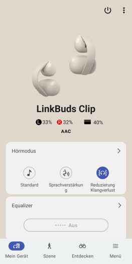 Diesen Hörmodus der Link Buds Clip können wir gar nicht brauchen, weil der Klang dann noch schlechter wird. (Bild: Sony/Screenshot: Golem)