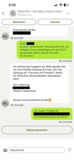 Die Interessentin will per Paypal bezahlen. Nachdem ich ihr meine Paypal-Adresse geschickt hatte, las ich nichts mehr von ihr. (Screenshot: Andrea Maurer)