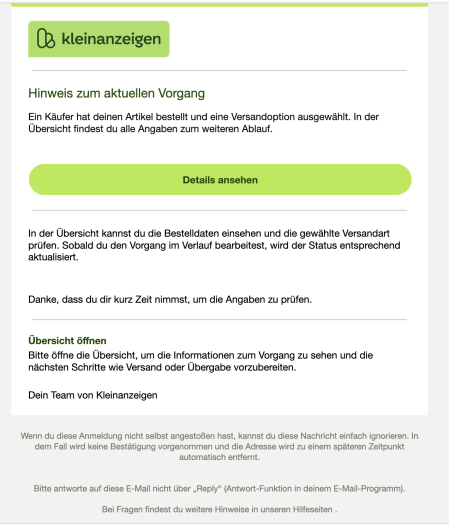 ..., dass der Artikel bezahlt sei und ich versenden solle. (Screenshot: Andrea Maurer)