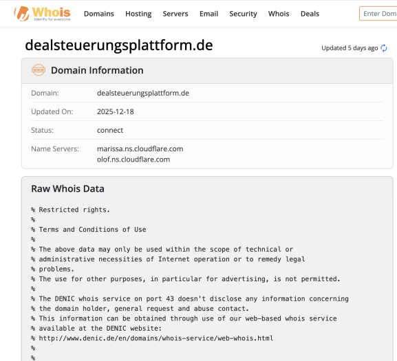 Die dubiose Domain dealsteuerungsplattform gibt es erst seit 18.12.2025, wie man beispielsweise über whois.com erfährt. (Screenshot: Andrea Maurer)