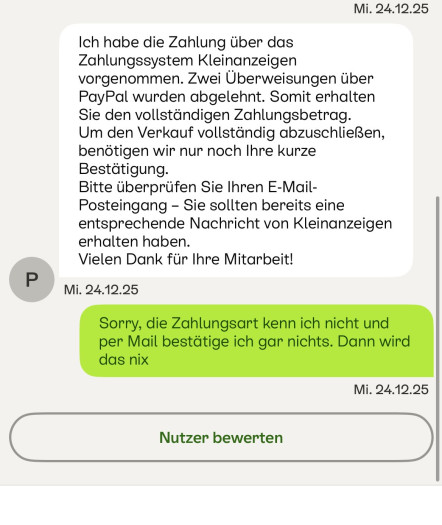Ein anderer Betrüger antwortet mir, ich soll den Kauf per Mail bestätigen. (Screenshot: Andrea Maurer)