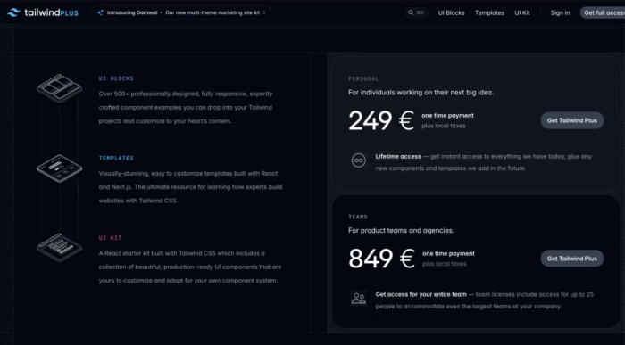 Das Geschäftsmodell von Tailwind CSS: Zugang zu Premium-Vorlagen (Bild: Tailwind CSS)