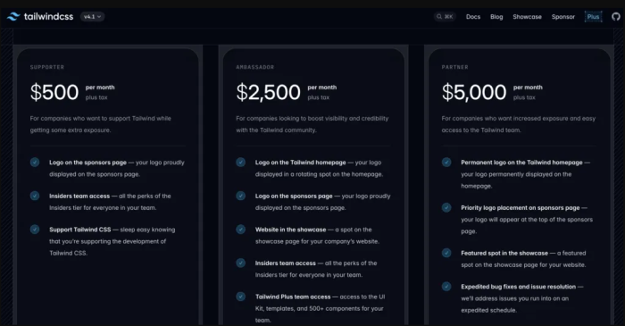 Mögliche Sponsorships für Firmenkunden mit Zusatzdienstleistungen (Bild: Tailwind CSS)