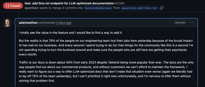 Screenshot des ersten Teils der Antwort von Adam Wathan, Gründer von Tailwind CSS (Quelle: Guthub)
