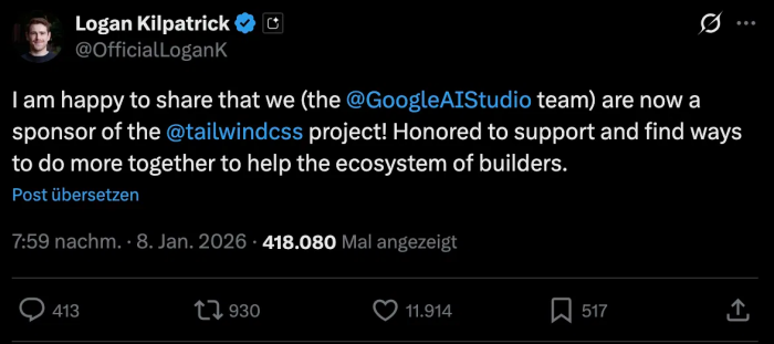 Post von Logan Kilpatrick von Google AI Studio auf X (Screenshot: Caspar Clemens Mierau)