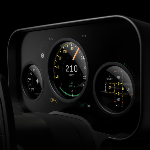 Die drei Fahranzeigen sind eigentlich ein Display hinter einer Blende. (Bild: Ferrari)