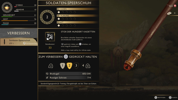 Den Speer können wir nach und nach verbessern. (Bild: Sony / Screenshot: Golem)