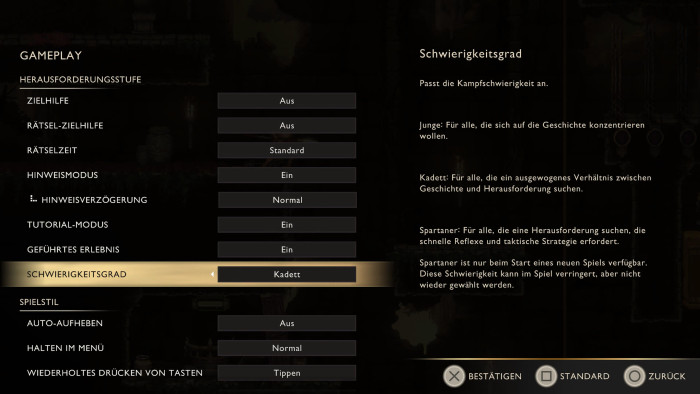 Im Optionenmenü finden wir drei Schwierigkeitsstufen. (Bild: Sony / Screenshot: Golem)