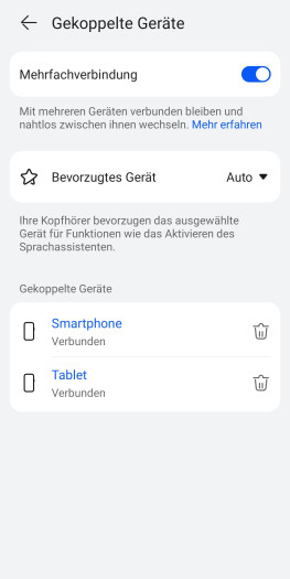 Bei den Bluetooth-Multipoint-Einstellungen für die Freebuds Pro 5 lässt sich ein Gerät bei Bedarf priorisieren. (Bild: Huawei/Screenshot: Golem)